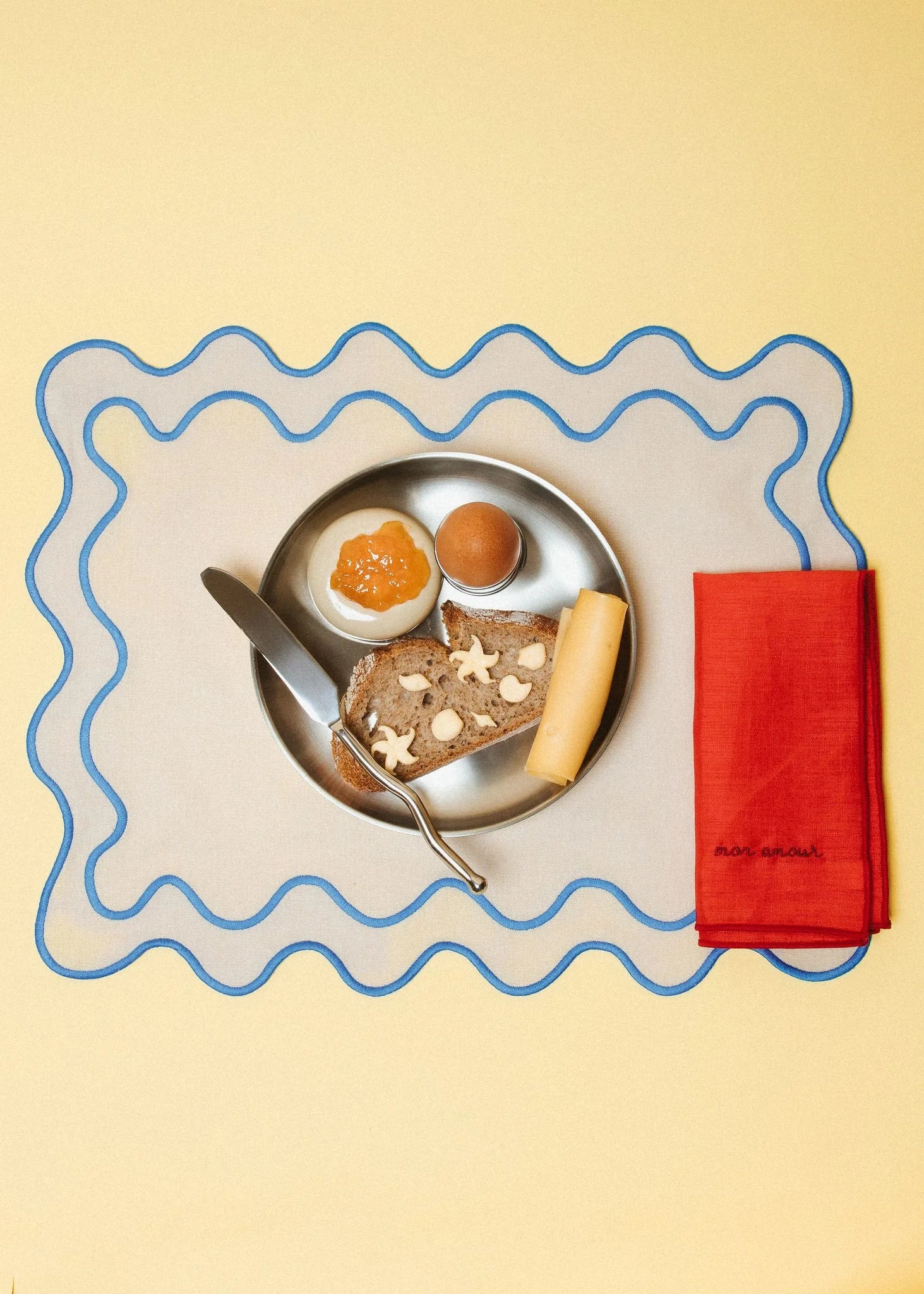Kulu Club Linnen placemats wavy beige / blauw - set van 2