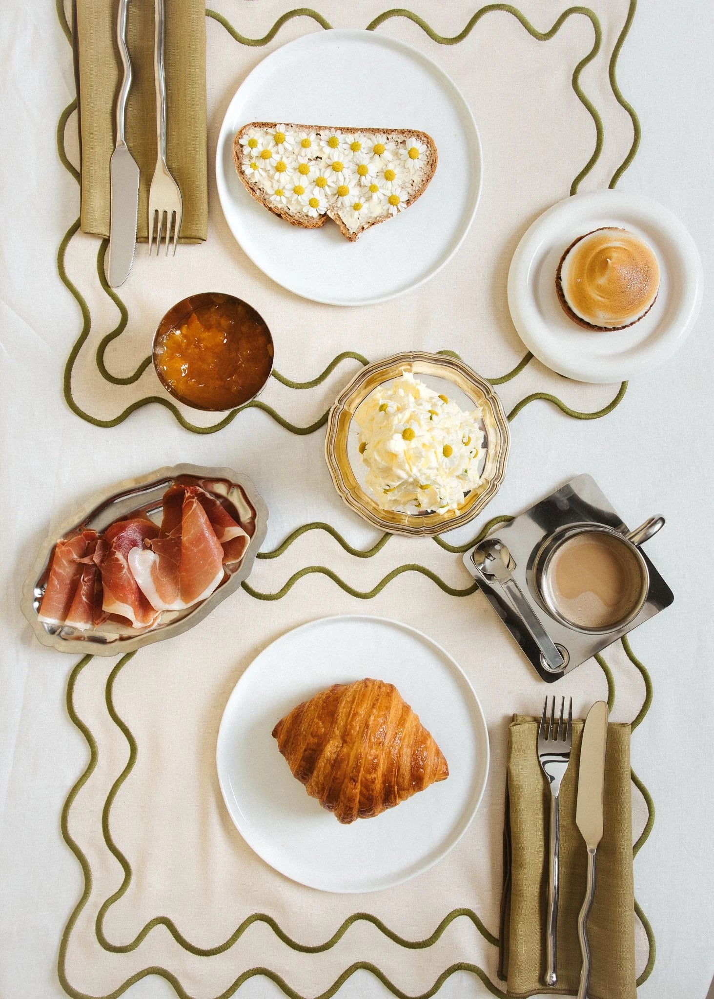 Kulu Club Linnen placemats wavy beige-groen / set van 2