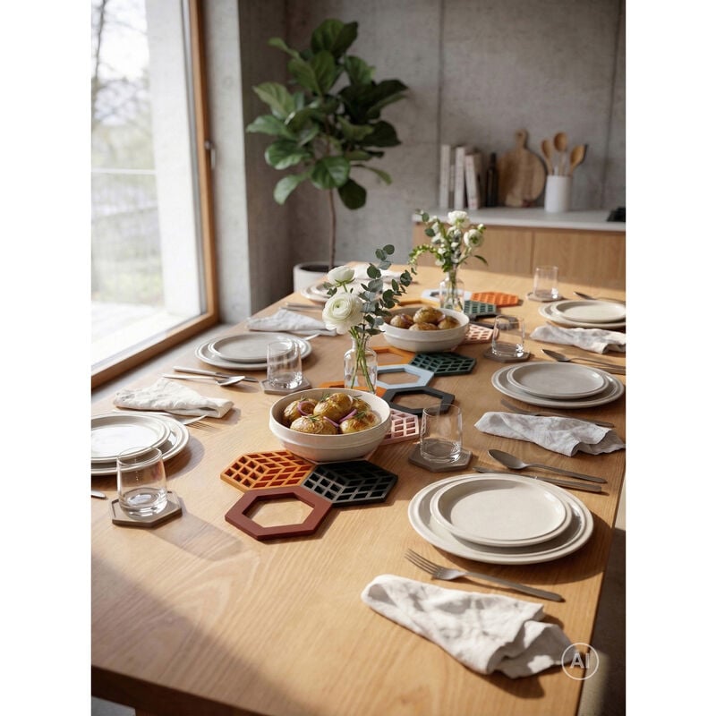 Zone Denmark Bold potonderzetter op een gedekte tafel, gemaakt van stevig materiaal, geschikt voor het beschermen van tafels tegen hete pannen.