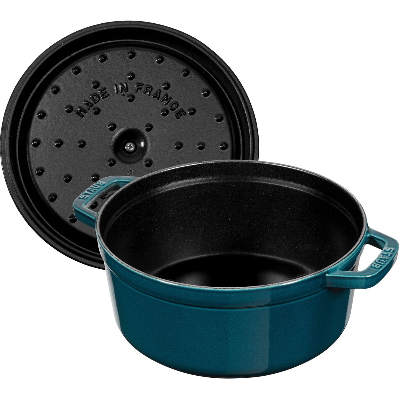STAUB LA COCOTTE GIETIJZEREN BRAADPAN ROND, LA-MER BLAUW - TWEE FORMATEN - Oosterlinck