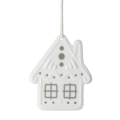 Räder hangertje peperkoekenhuisje van porselein als decoratie, zilverkleurig en gedetailleerd ontwerp.