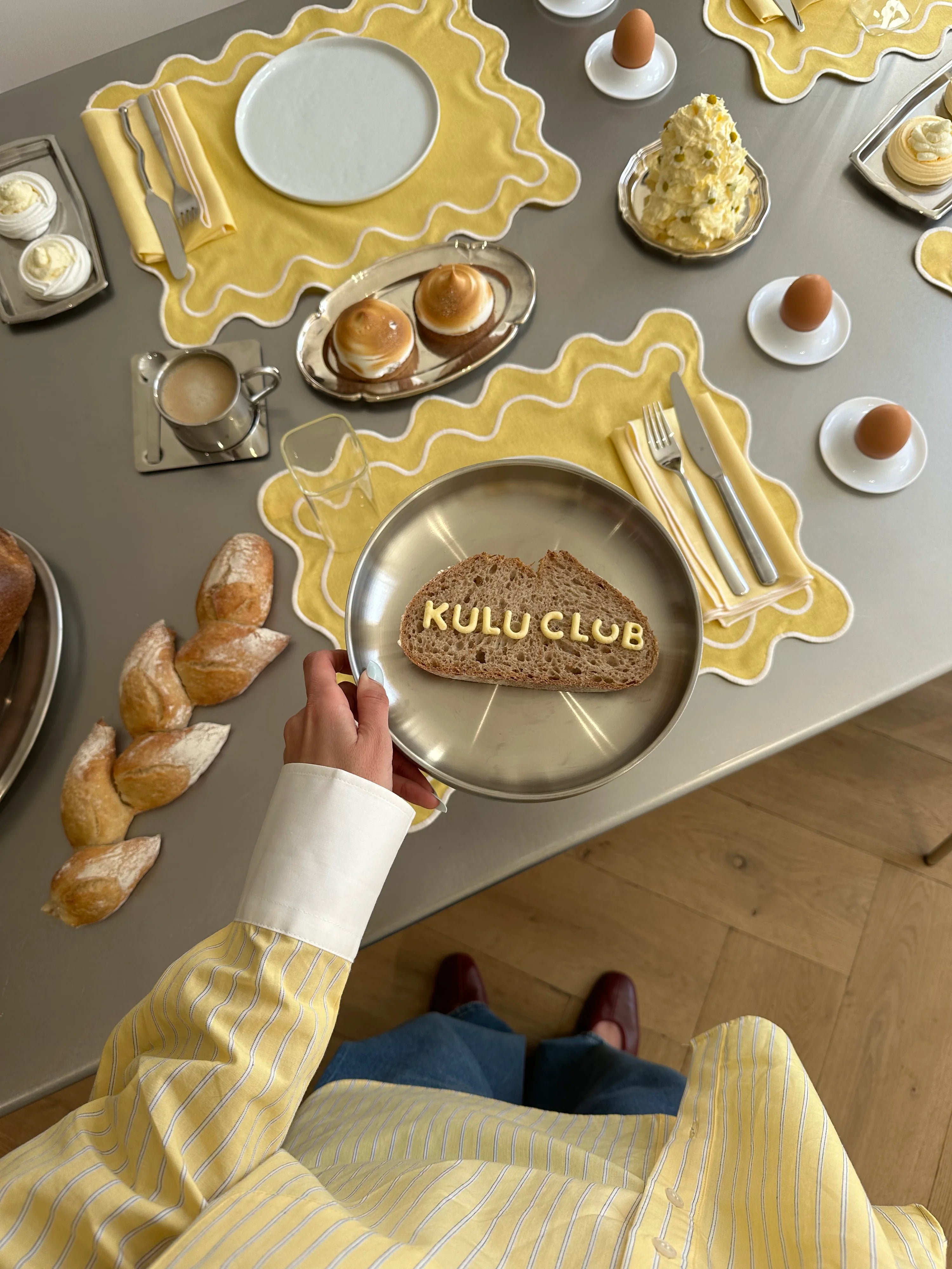 Kulu Club Linnen placemats wavy geel-wit / set van 2