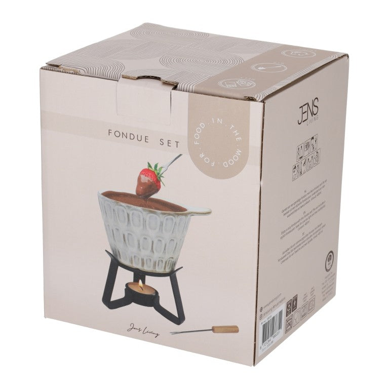 Jens Living fondueset met pannen voor bakken, wokken en grillen, inclusief verschillende keukengerei en accessoires.