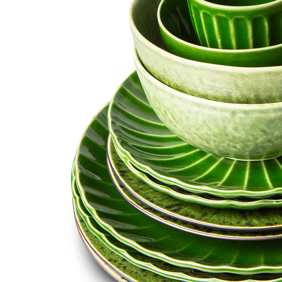 HK Living The Emeralds: Ceramic dinner plate ribbed green - set van 2 - Oosterlinck