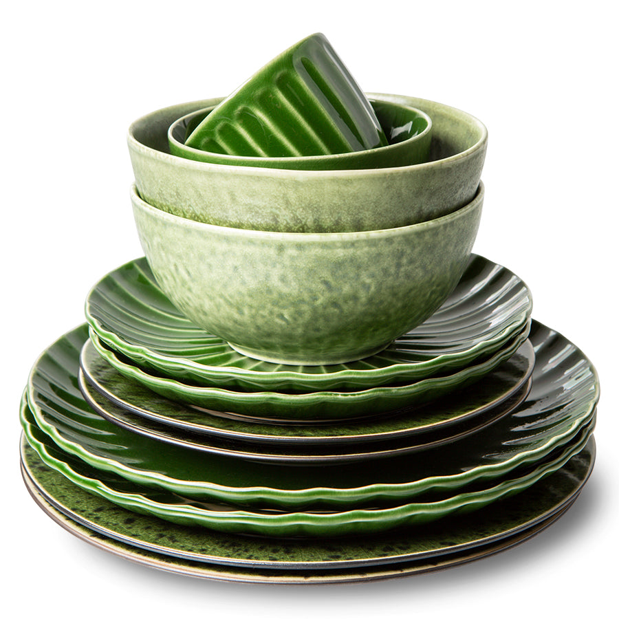 HK Living The Emeralds: Ceramic dinner plate ribbed green - set van 2 - Oosterlinck