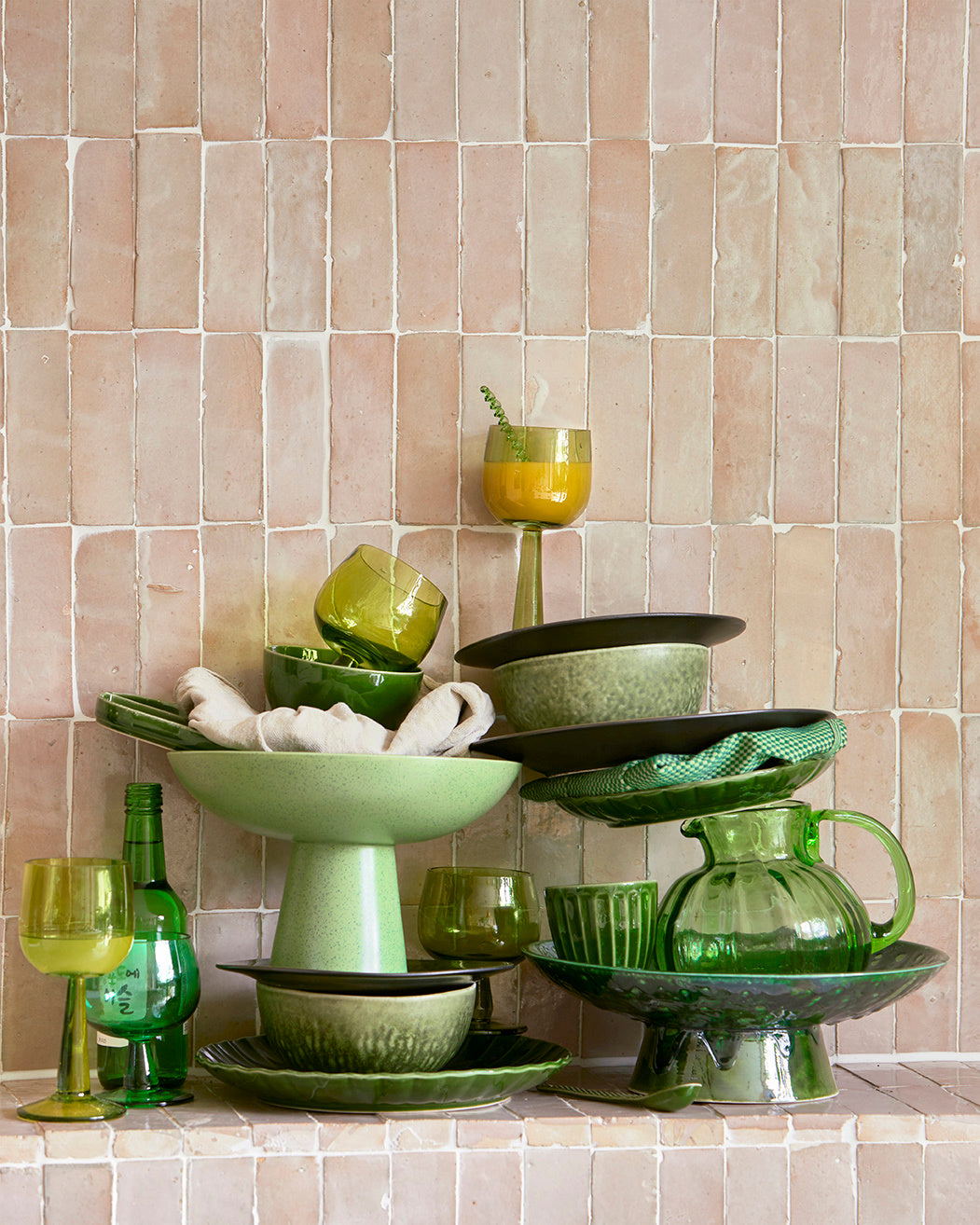 HK Living The Emeralds: Ceramic dinner plate ribbed green - set van 2 - Oosterlinck