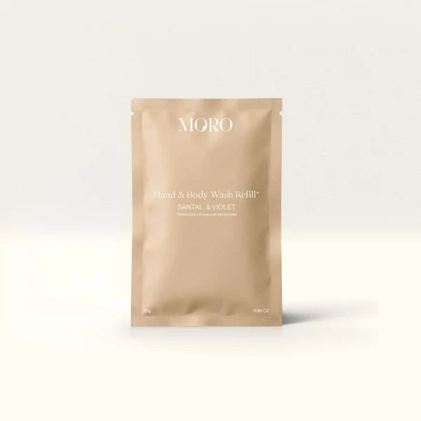 Moro Hand & Body Wash Starter Kit Santal & Violet, verzorgingsproducten met parfum, refill verpakt in een grote fles.