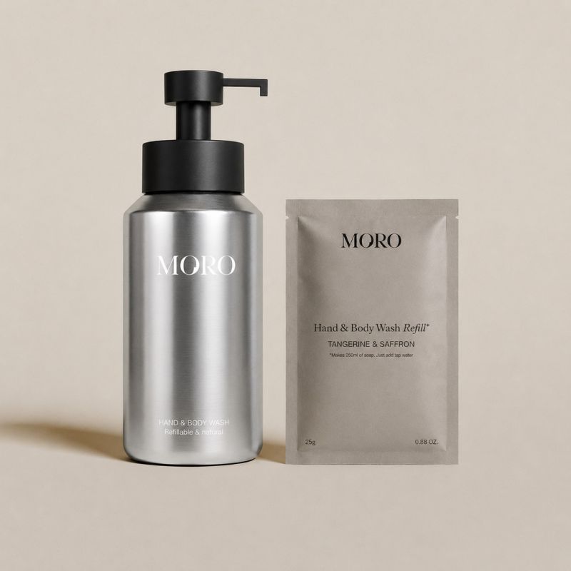 Moro Essentials hand- en bodywash met mandarijn en saffraan, chromen fles met navulling starterkit