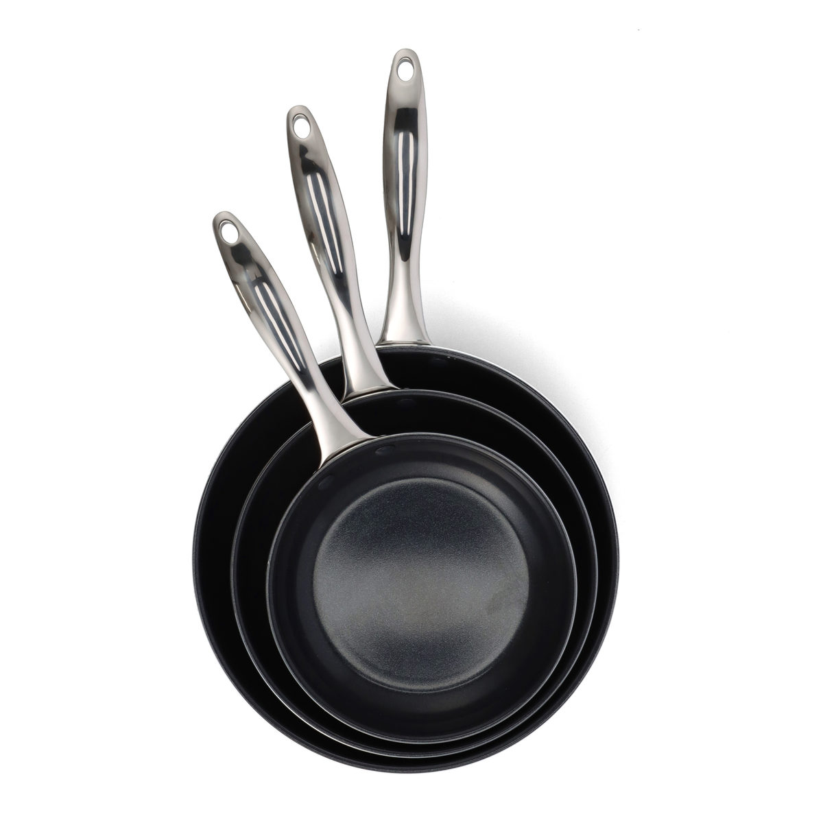 Set van drie Dagelijkse Kost antikleefpannen voor bakken, wokken en grillen, inclusief koekenpan, wok en grillpan.