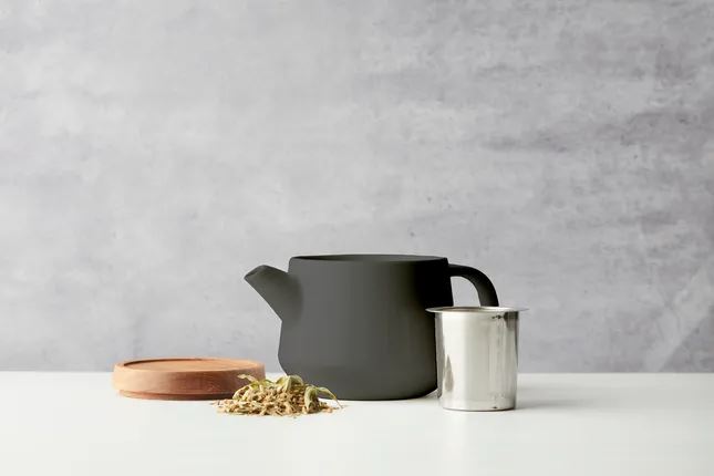 Point Virgule keramische theepot met acacia deksel - wit en zwart - Oosterlinck