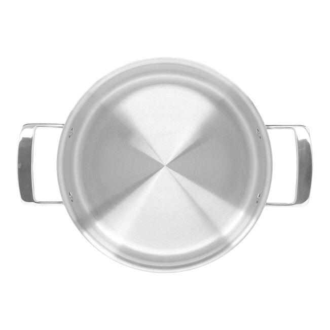 Demeyere Essential 5-delige kookpottenset met roestvrijstalen pannen voor koken en stoven, inclusief verschillende formaten.