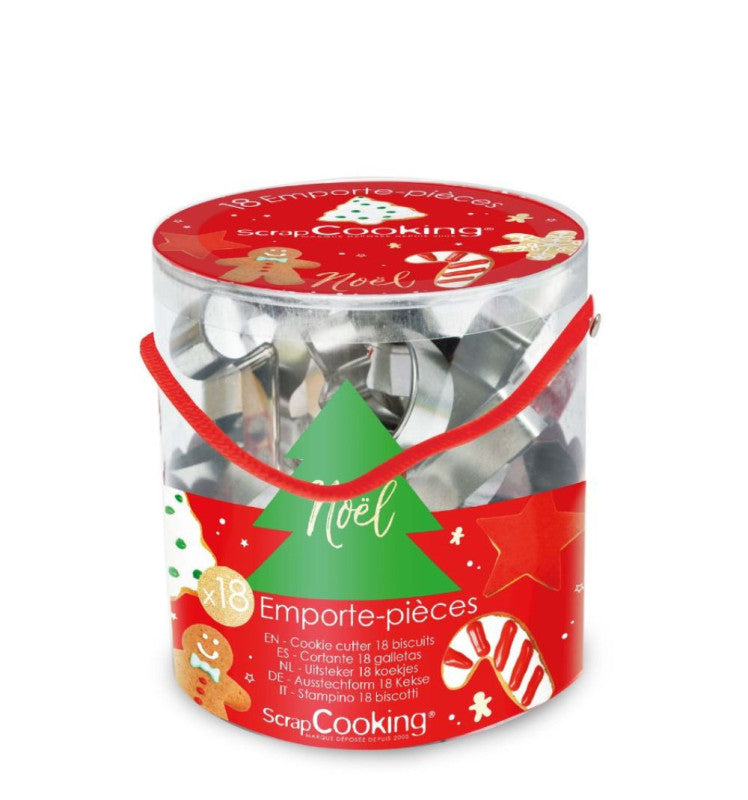 Scrap Cooking emmer met 18 metalen koekjesvormen kerstmis