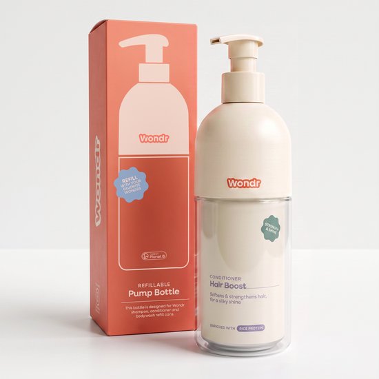 Wondr hervulbare pumpfles voor vloeistoffen, geschikt voor verzorgingsproducten, witte plastic fles met pomp, 550x550 afbeelding