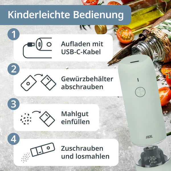 ADE  Elektrische mini-kruidenmolen (peper/zout/kruiden)