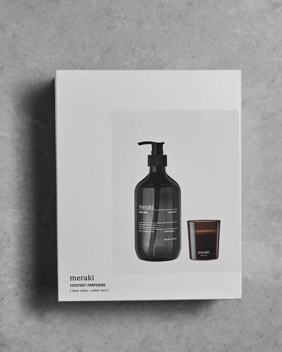 Meraki giftbox met handzeep Deep Valley en geurkaars Amber Dust in stijlvolle verpakking