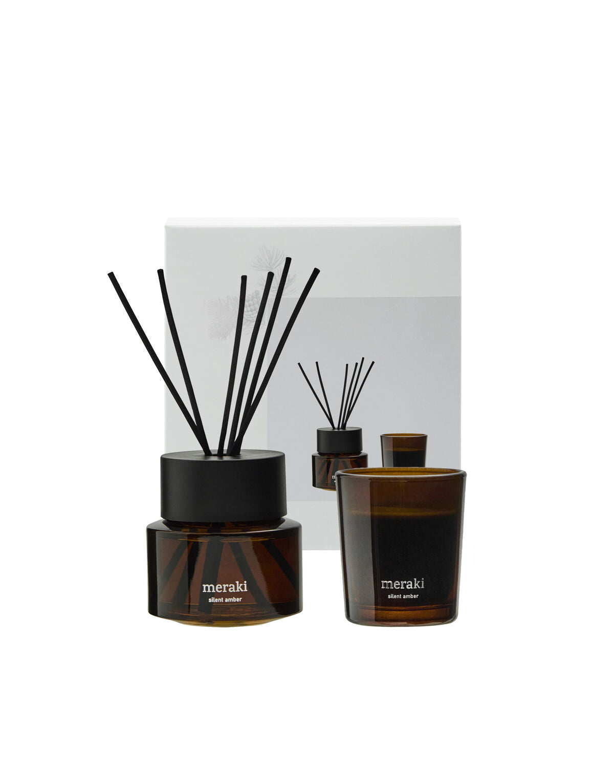 Meraki giftbox met diffuser en geurkaars Silent Amber in stijlvolle amberkleurige verpakking