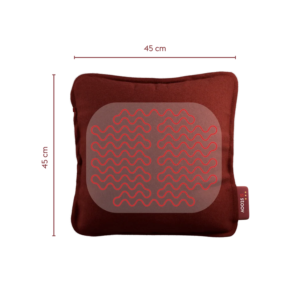 Stoov Ploov Flex oplaadbaar warmtekussen 45x45cm, rood, zacht en comfortabel voor extra warmte en ontspanning.