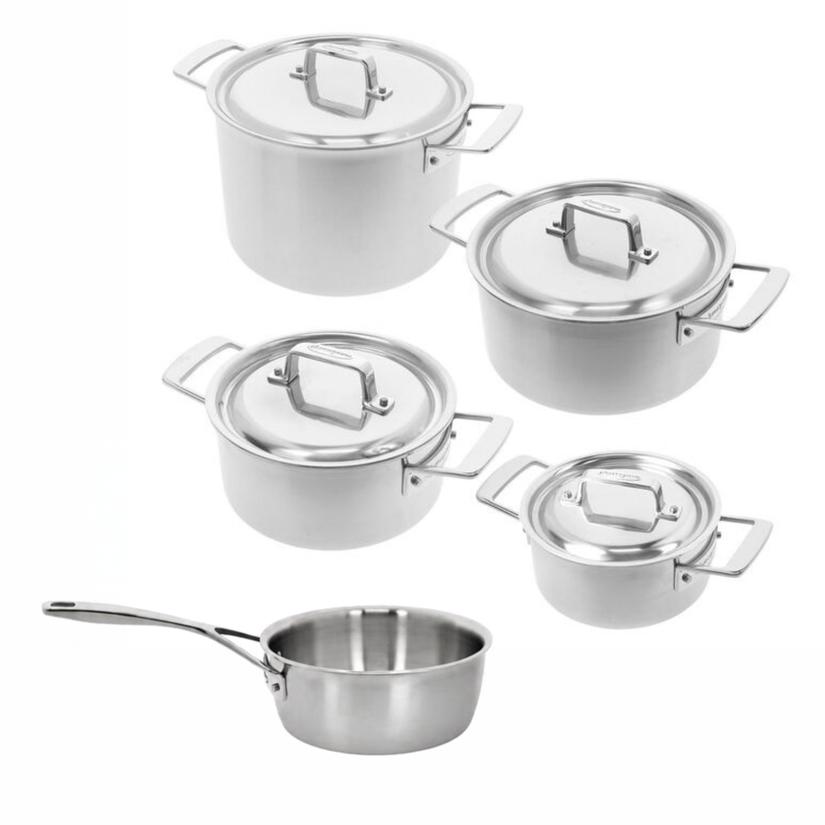 Demeyere Essential 5-delige kookpottenset met roestvrijstalen pannen voor koken en stoofschotels, inclusief verschillende formaten.