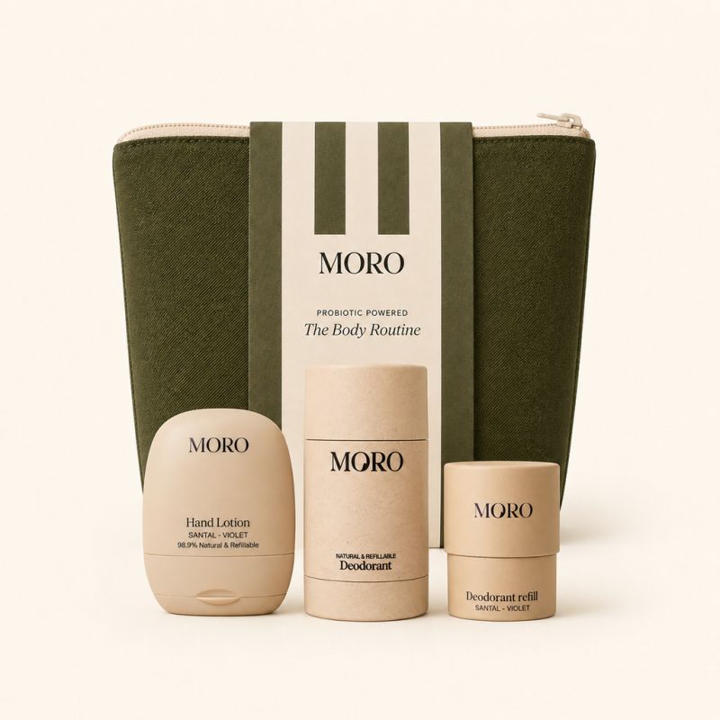 Moro Essentials The Body Routine giftset met santal & violet deodorant en mini bodylotion