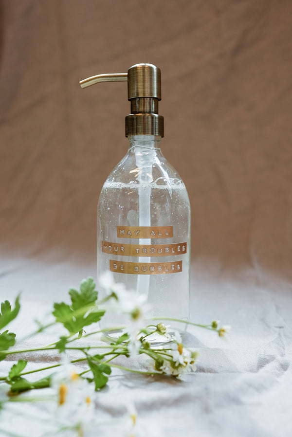 WELLMARK HANDZEEP 500ML BRONZE TRANSPARANT GLAS 'MAY ALL YOUR TROUBLES BE BUBBLES' - Oosterlinck